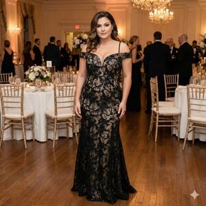 Vintage Size 14 Colors Black & Nude Lace & Sequin Embellished Evening Gown